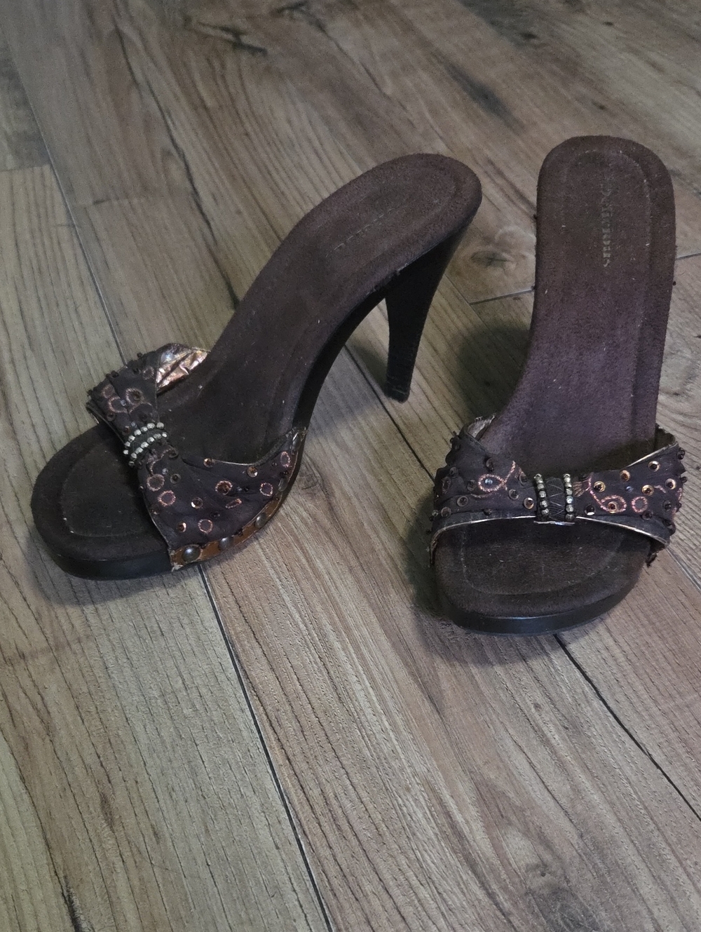 Delicious | Brown Embellished Slide Heels